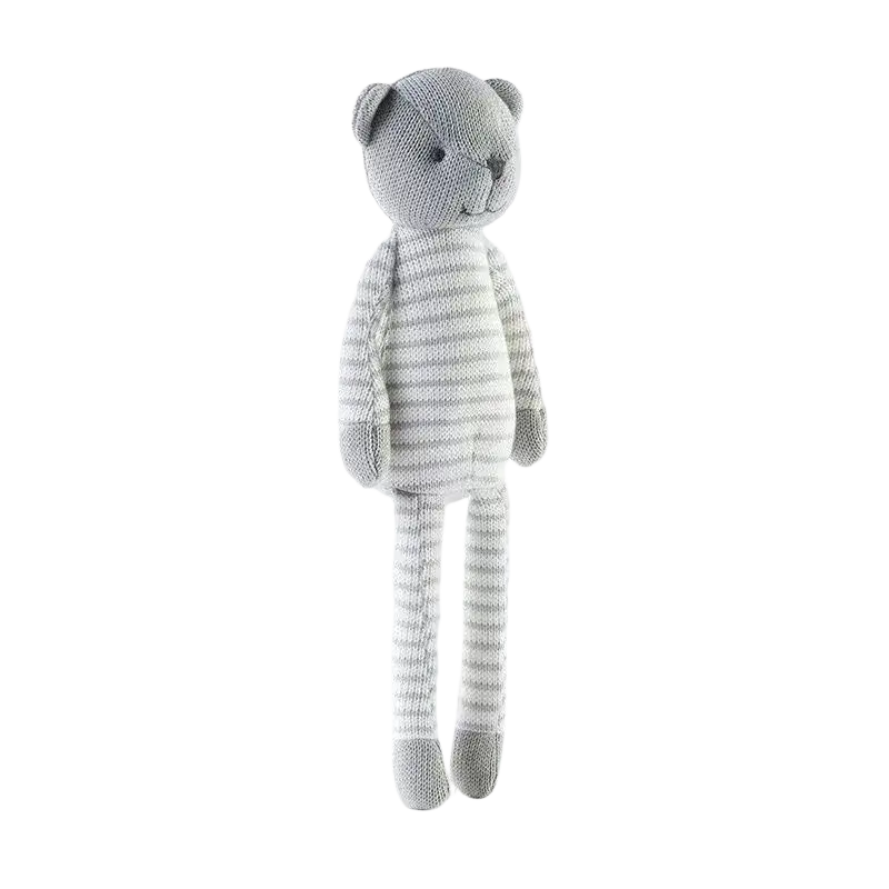 A soft knitted gray plush bear stuffed animal with white horizontal stripes ideal as a sleeping toy
