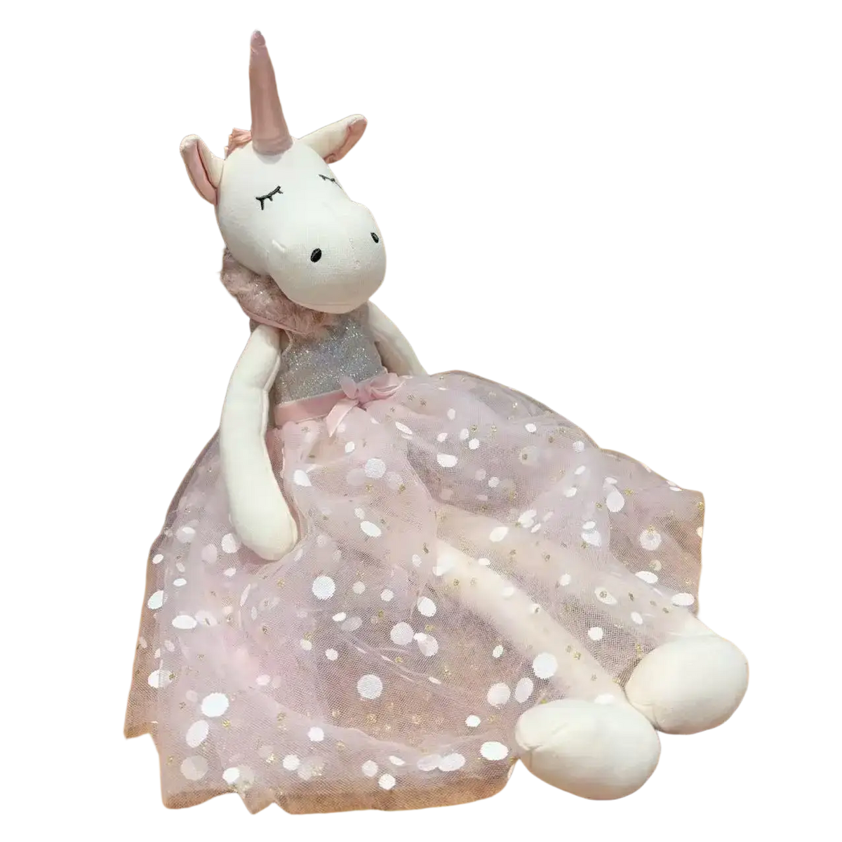 Plush bear stuffed animal sleeping toy featuring a white plush unicorn with pink horn and sheer pink polka dot dress