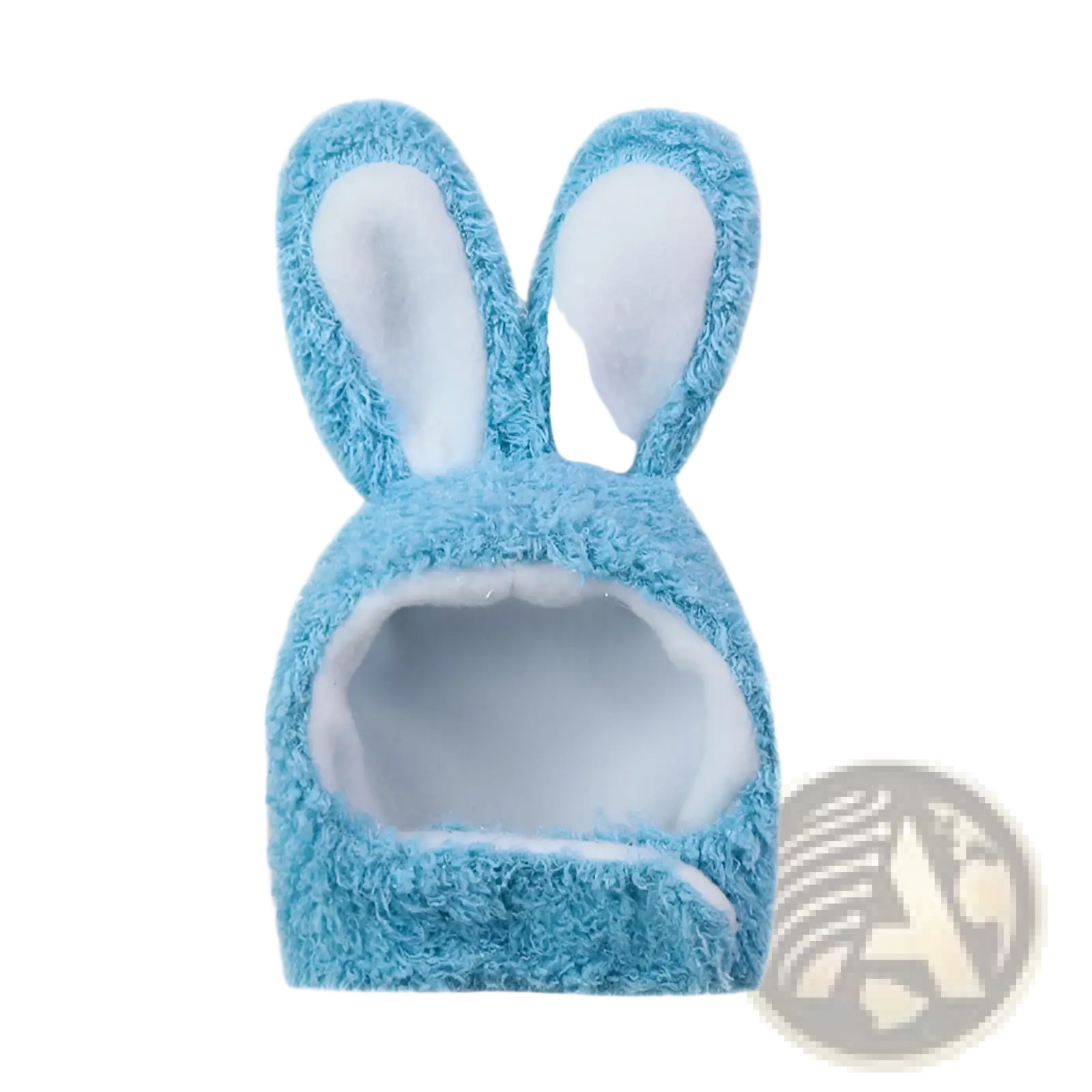 Light blue fluffy plush bunny ear pet hat featuring white inner ear lining for small animals