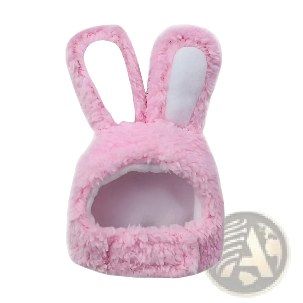 Plush bunny ear pet hat in pink fluffy fabric with white inner ear lining for small pets or costumes