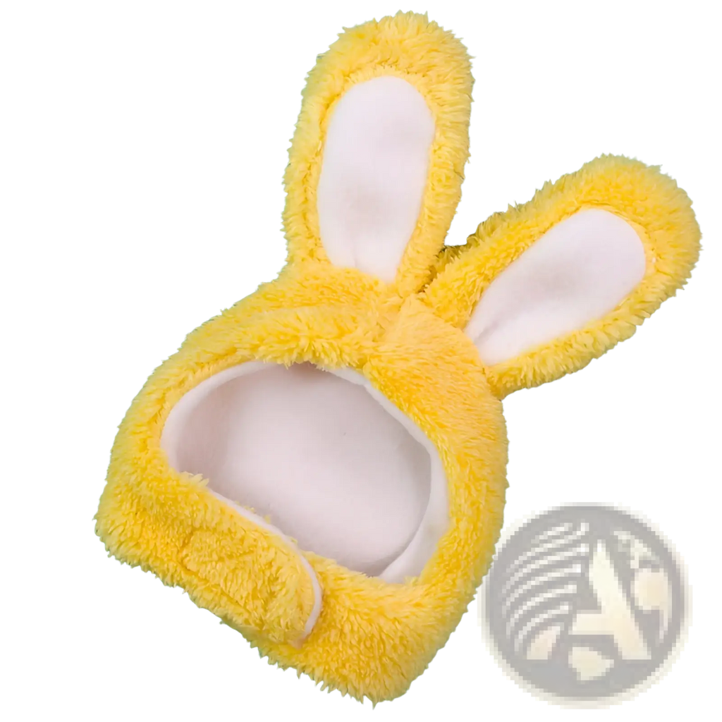 Plush bunny ear pet hat featuring yellow fluffy exterior with white inner lining designed for pet comfort