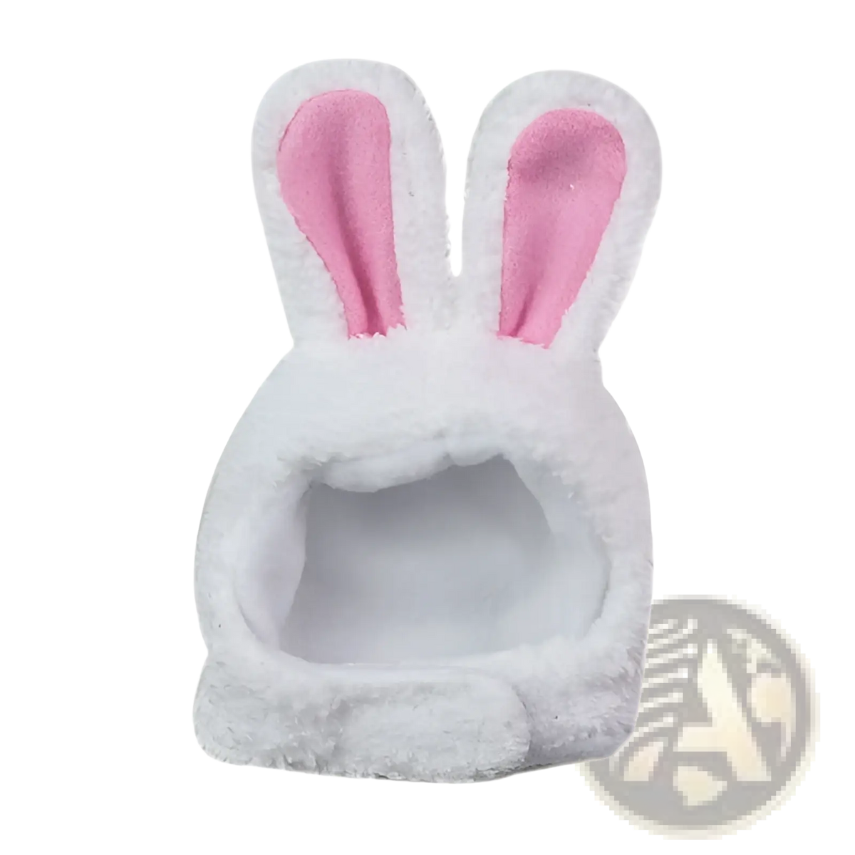 Plush bunny ear pet hat featuring white fluffy material with pink inner lining for a soft cozy fit