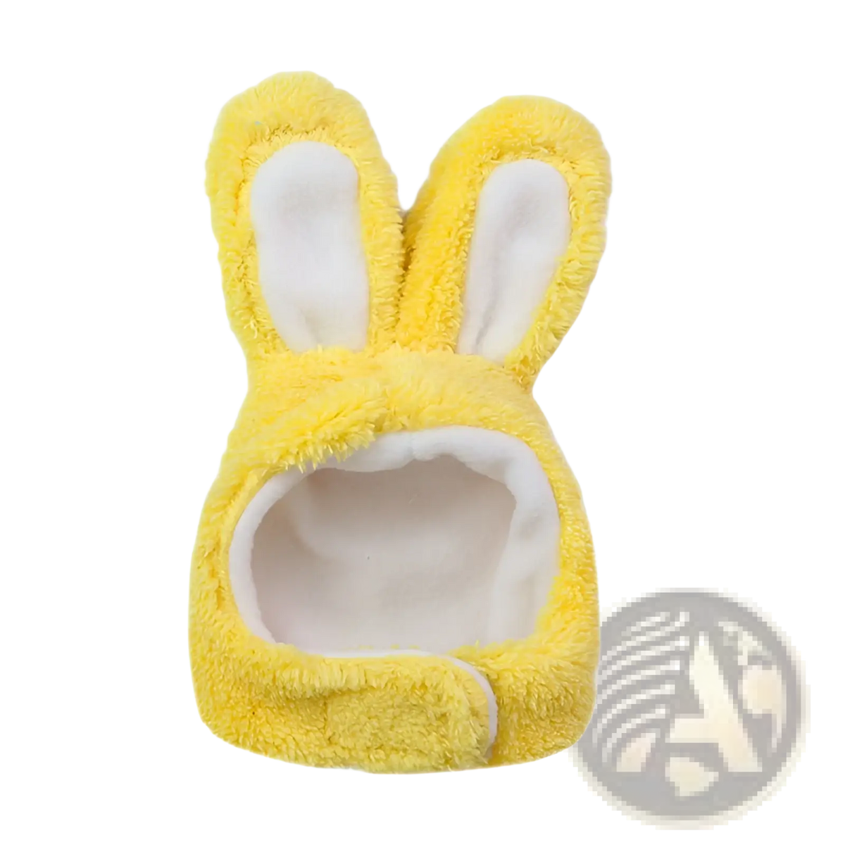 Plush bunny ear pet hat made of soft yellow material with white inner lining and fluffy ears for pets