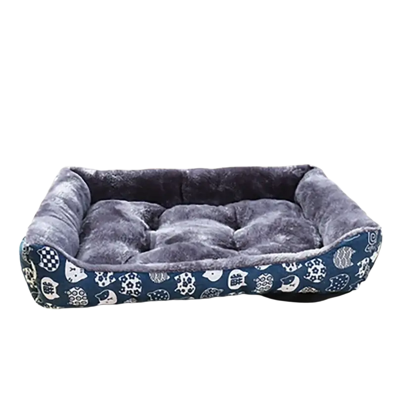 Blue and white patterned plush cat bed with soft gray interior for winter pet products use