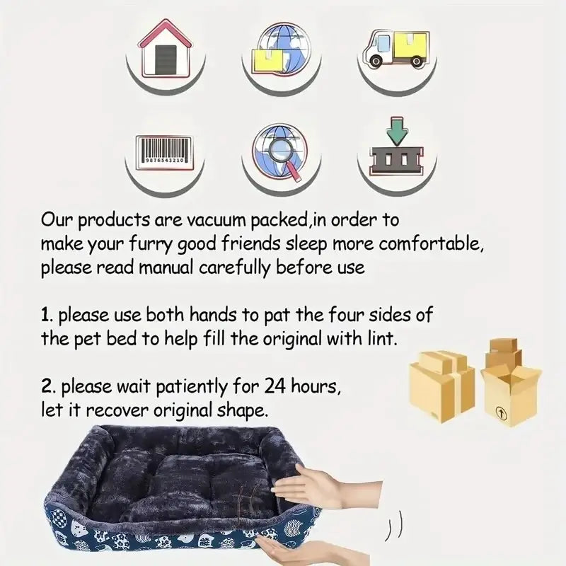 Dark blue plush cat bed and dog bed with patterned border featuring white dog faces for winter pet products
