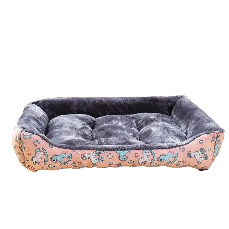 Plush cat bed and dog bed with pink playful rocking horse pattern and dark gray plush interior for winter pet products