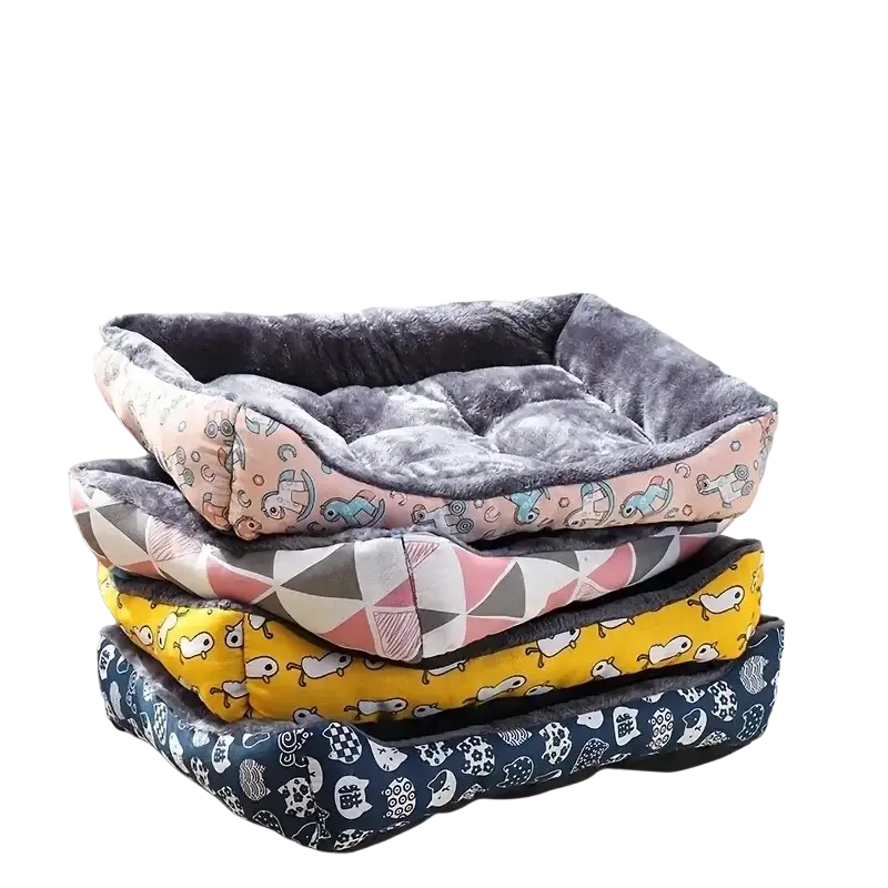 Stacked plush cat bed and dog bed with cozy interiors and colorful animal patterns for winter pet products