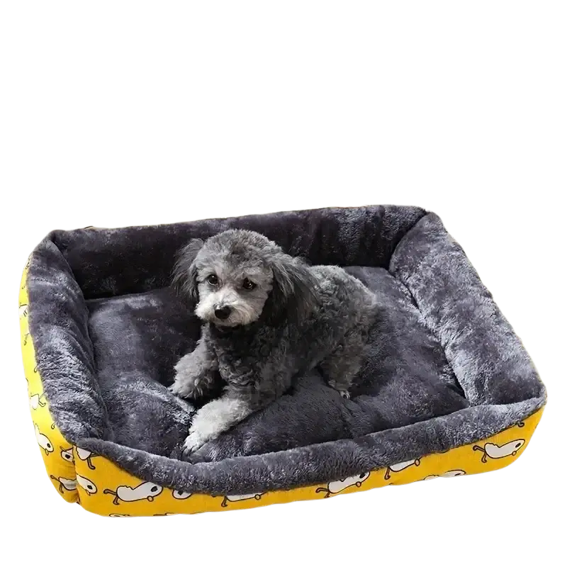 Yellow and gray plush cat bed and dog bed with cartoon bird pattern for winter pet products