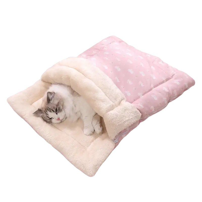 Plush cat bed pink bunny sleeping bag with soft cream interior and pink exterior featuring white bunny patterns