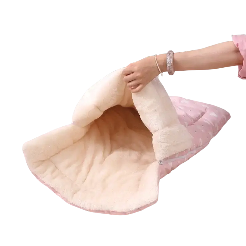 Plush cat bed pink bunny sleeping bag with pink and cream soft fluffy plush interior lining for pet comfort