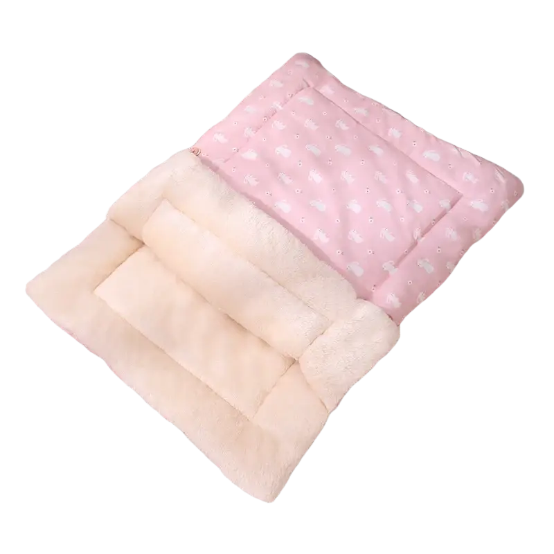 Plush cat bed pink bunny sleeping bag with soft fluffy texture pink fabric and white bunny patterns for pets