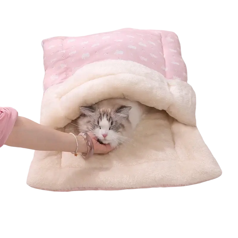 Plush cat bed pink bunny sleeping bag with pink and cream colors soft fuzzy interior and patterned exterior