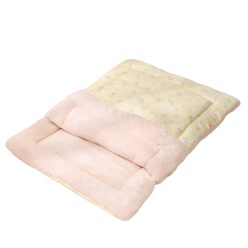 Plush cat bed pink bunny sleeping bag with pale yellow floral top and beige fleece lining for cozy comfort