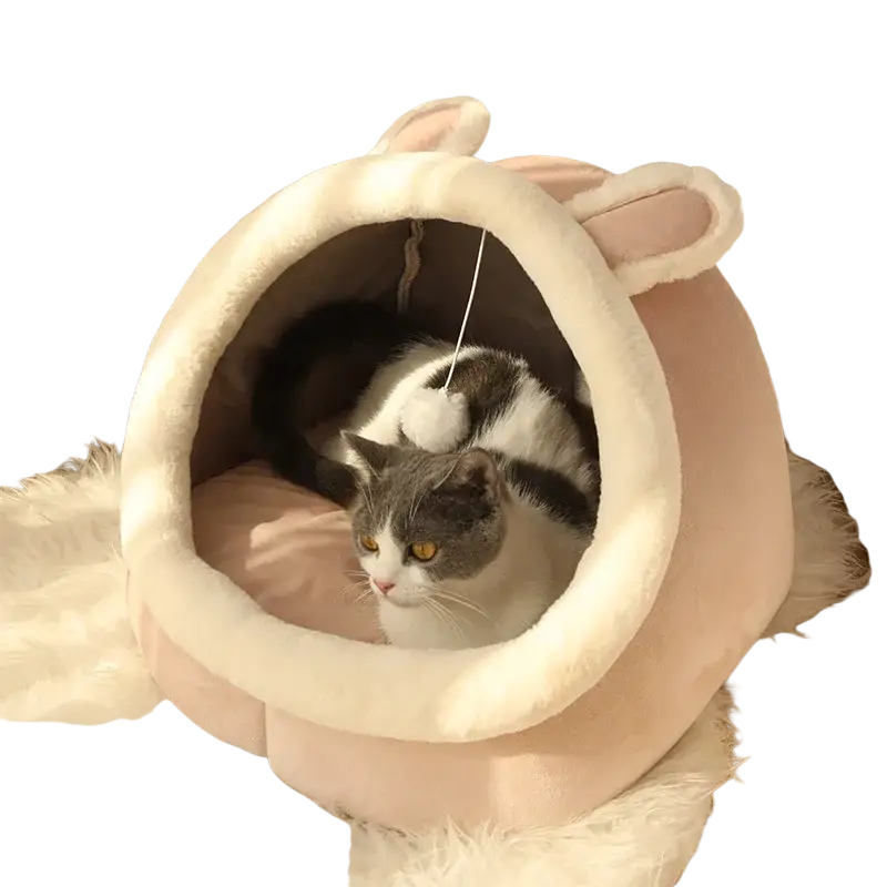 Pink plush cat cave bed with soft white trim and bunny ears washable pet sleeping mat
