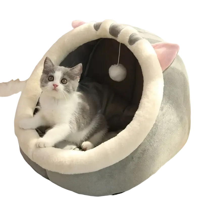 Soft gray and white plush cat cave bed with pink ears and hanging pom-pom toy washable pet sleeping mat