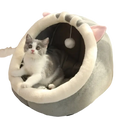 Soft gray and white plush cat cave bed with pink ears and hanging pom-pom toy washable pet sleeping mat