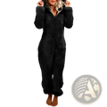 Black plush fleece one-piece pajama suit with hood, cat ears, and front zipper for cozy loungewear
