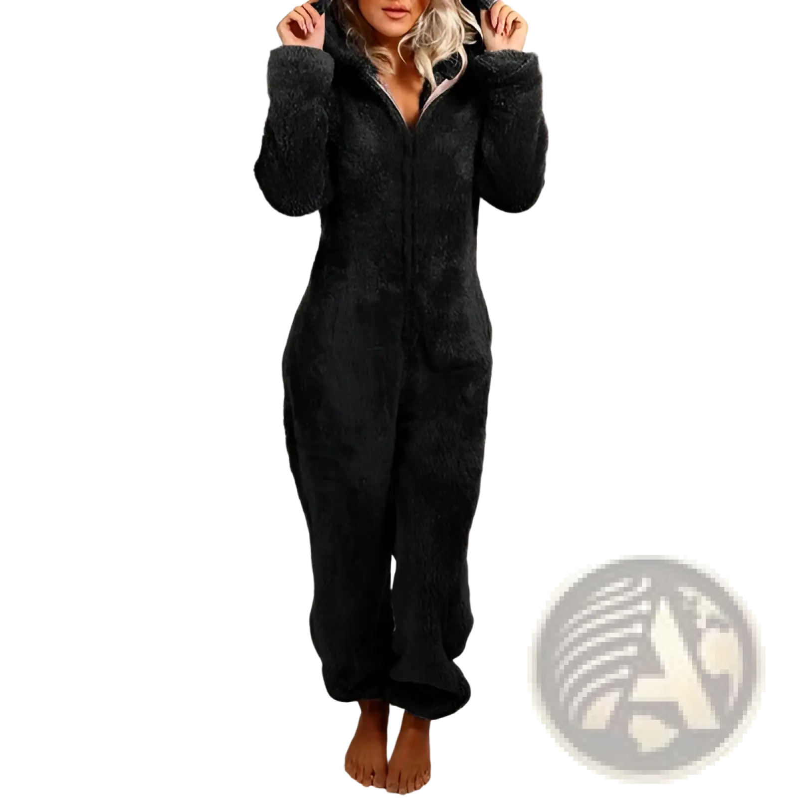 Black plush fleece one-piece pajama suit with hood, cat ears, and front zipper for cozy loungewear