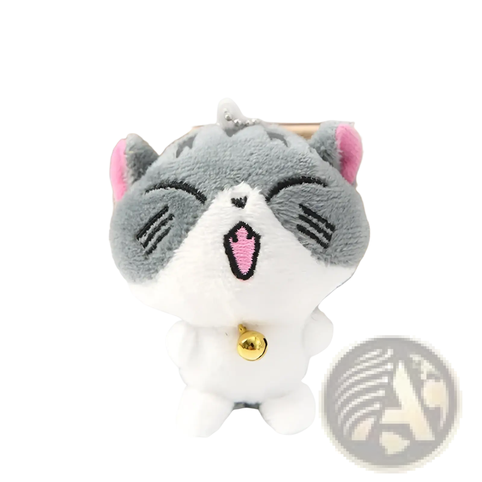 Plush cat keychain gray and white with pink inner ears embroidered face gold bell and silver chain bag charm toy