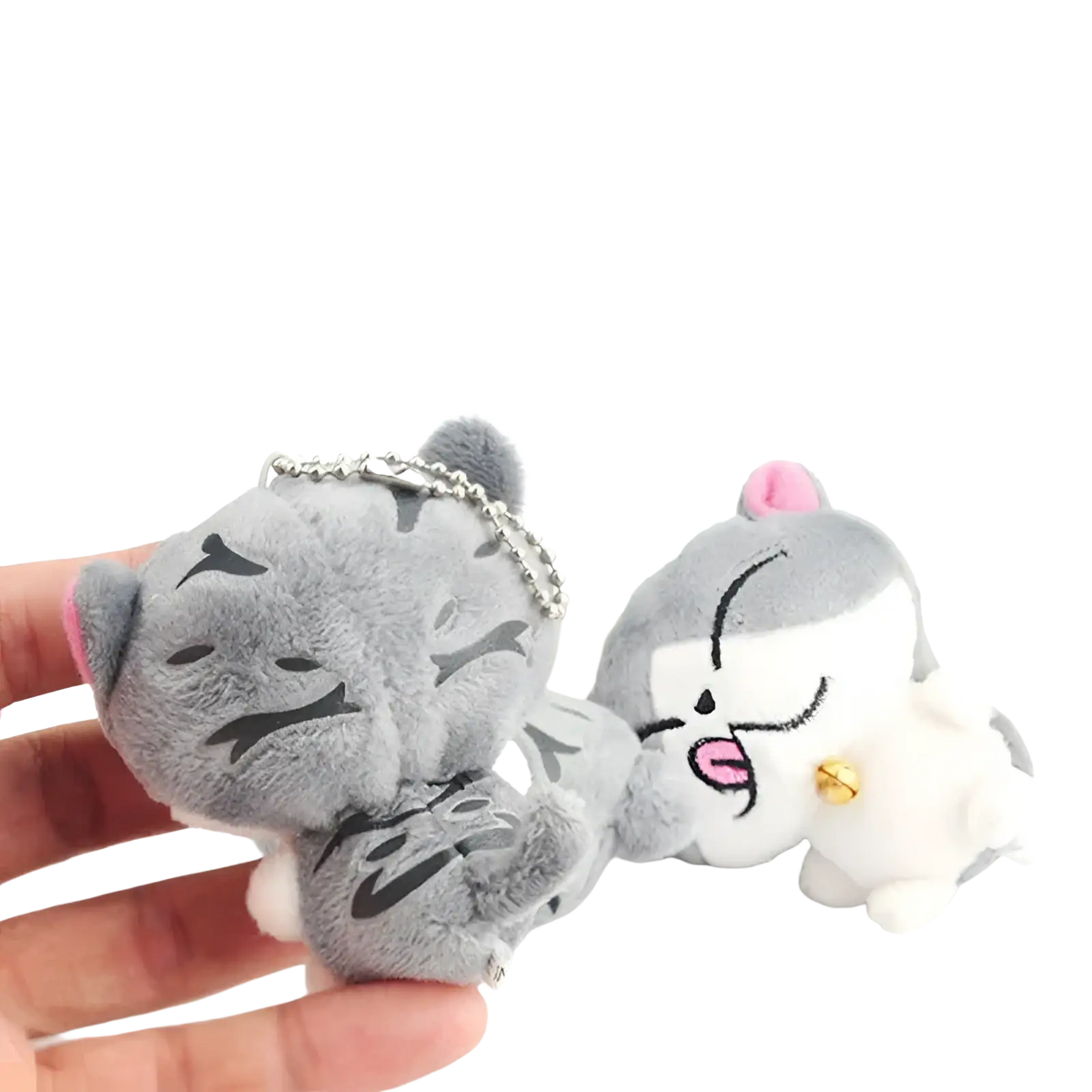 Plush cat keychain featuring a cute gray kitten with black whisker markings and pink inner ears bag charm toy