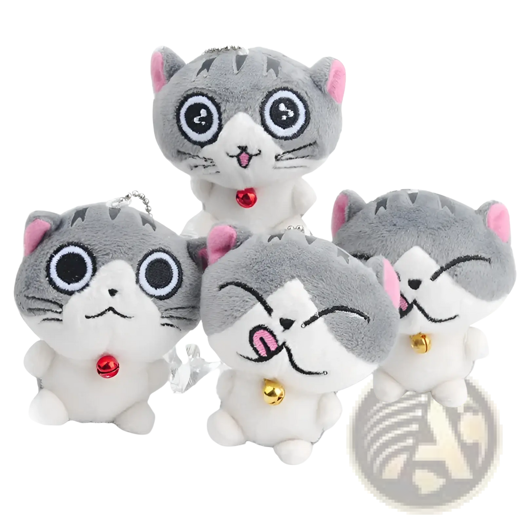 Plush cat keychain cute gray kitten bag charm toy featuring gray and white plush with pink ears and dangling bells