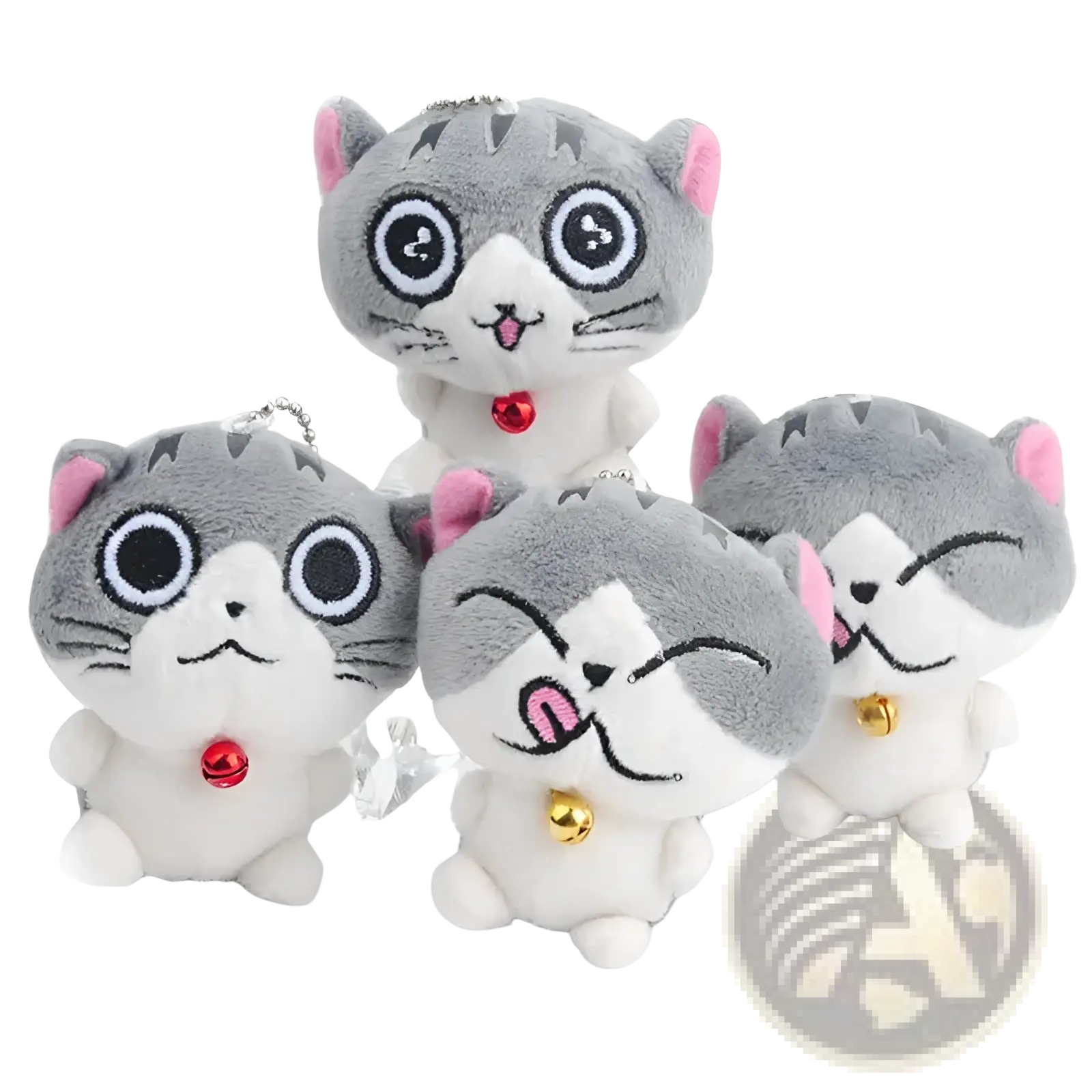 Plush cat keychain cute gray kitten bag charm toy featuring gray and white plush with pink ears and dangling bells