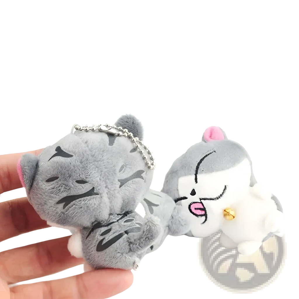 Plush cat keychain featuring a cute gray kitten with black whisker markings and pink inner ears bag charm toy