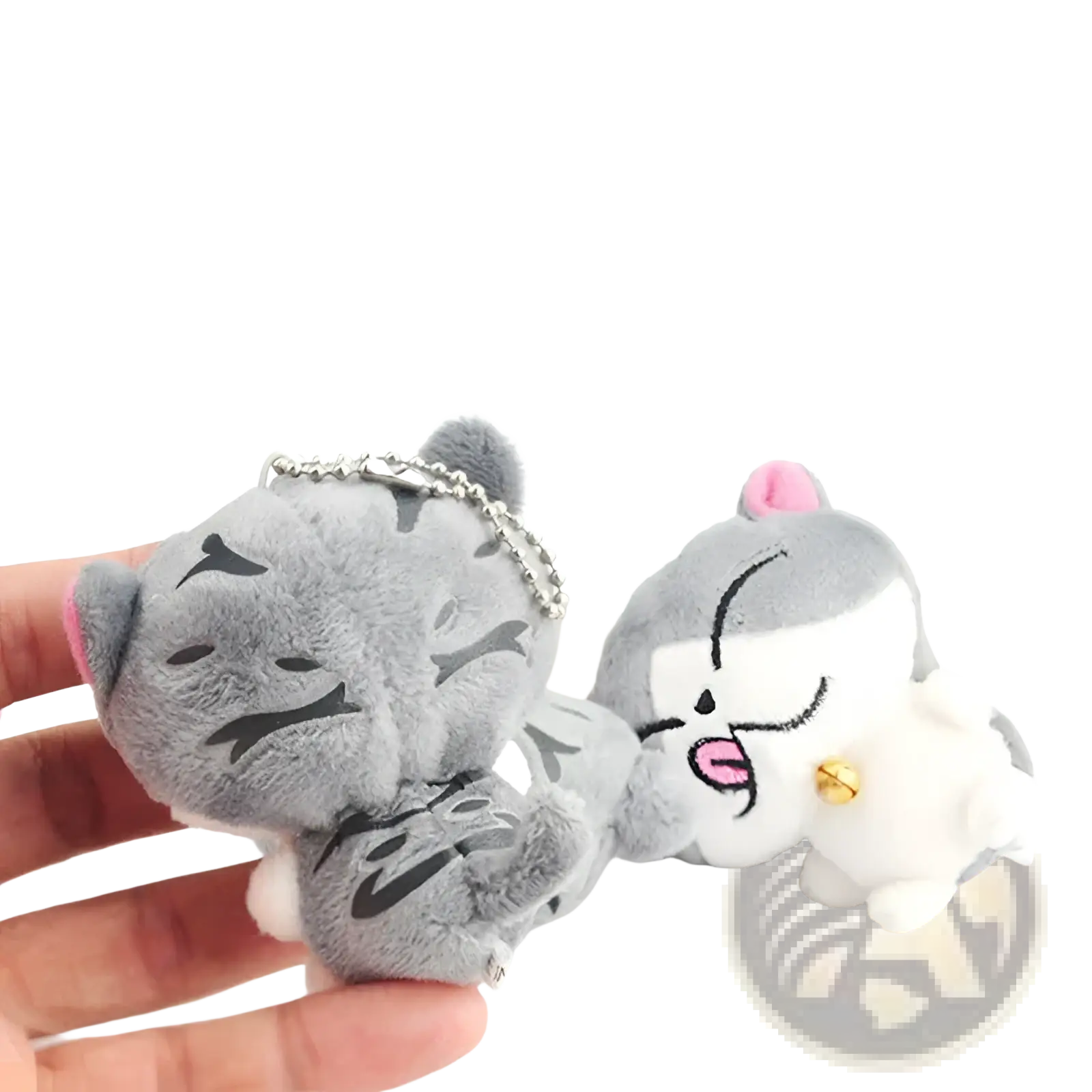 Plush cat keychain featuring a cute gray kitten with black whisker markings and pink inner ears bag charm toy