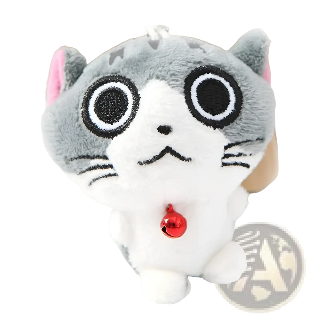 Plush cat keychain featuring a gray and white soft kitten with pink ears and a red bell bag charm toy