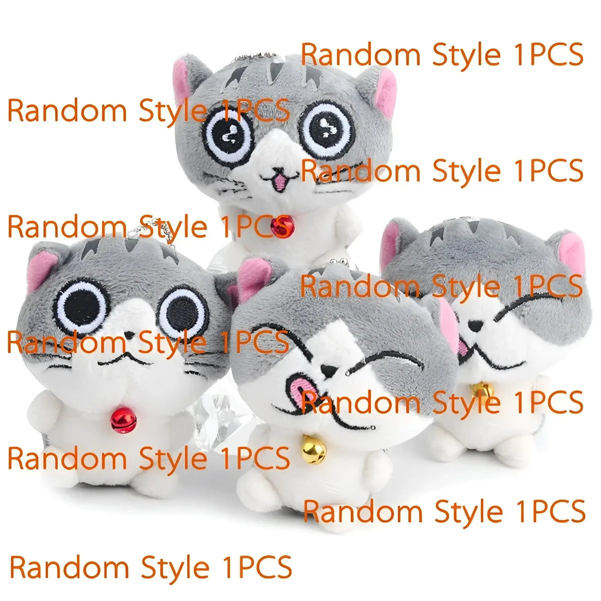 Plush cat keychain cute gray kitten bag charm toy with gray and white fur pink ears and red and gold bell charms