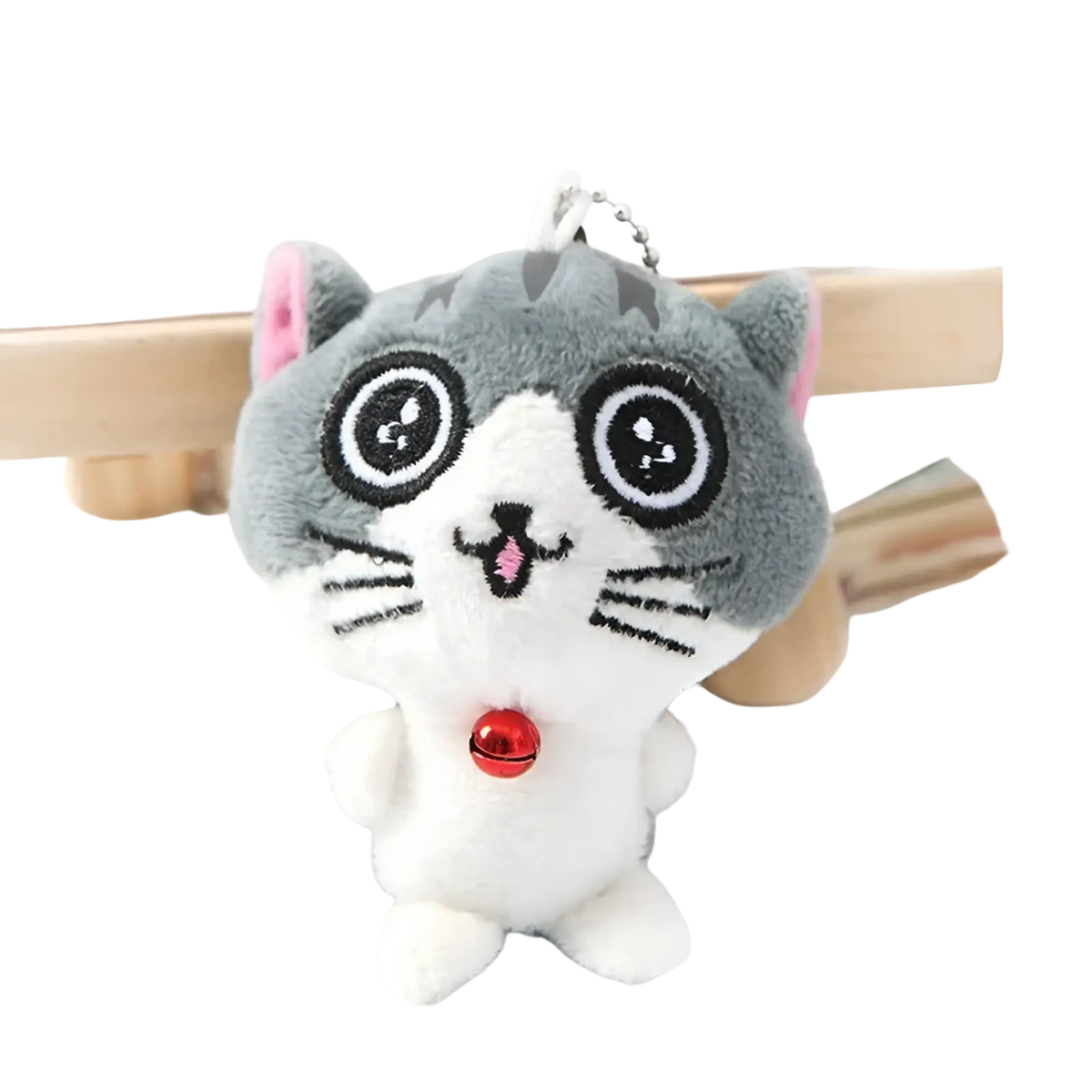 Plush cat keychain cute gray kitten bag charm toy with gray and white plush, pink ears, red bell, and silver chain