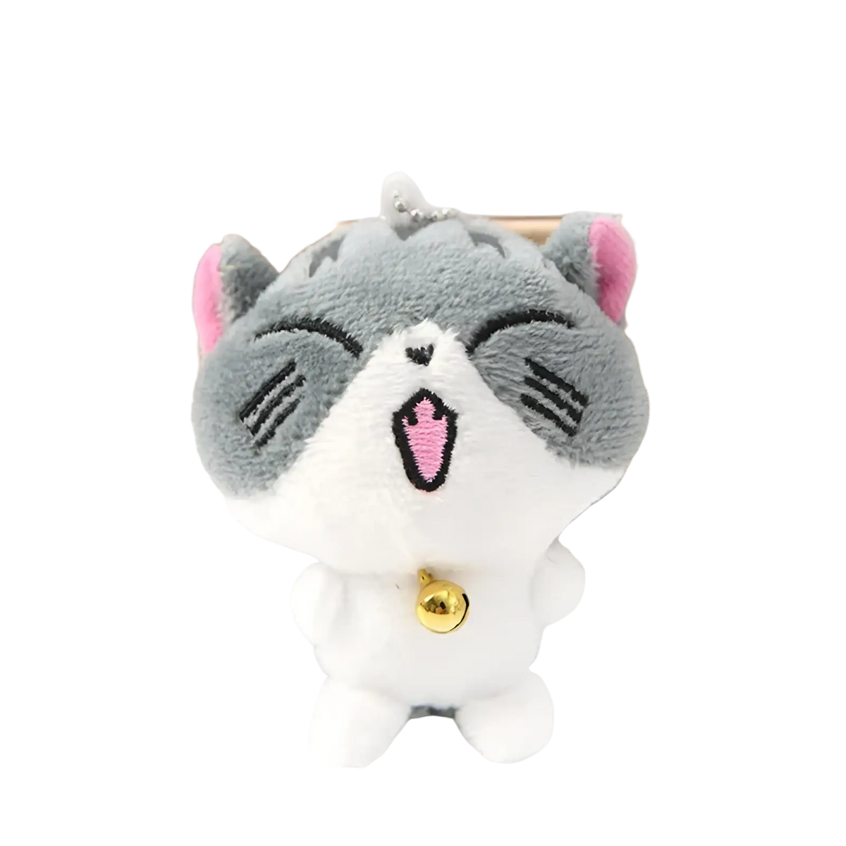 Plush cat keychain gray and white with pink inner ears embroidered face gold bell and silver chain bag charm toy
