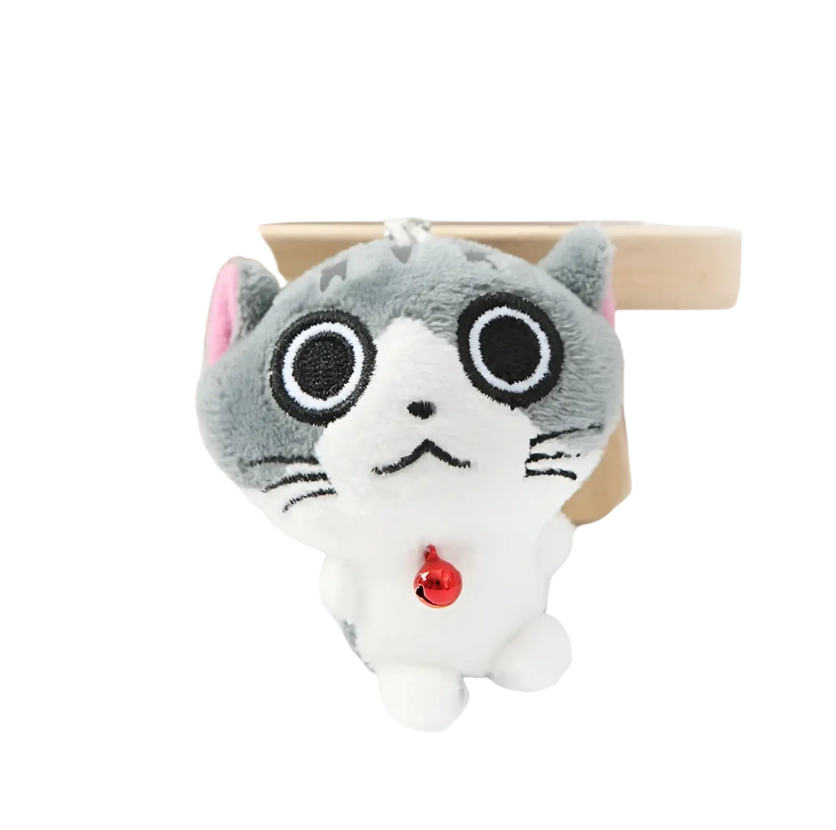 Plush cat keychain with gray and white fur pink inner ears black embroidered eyes and red bell charm accessory