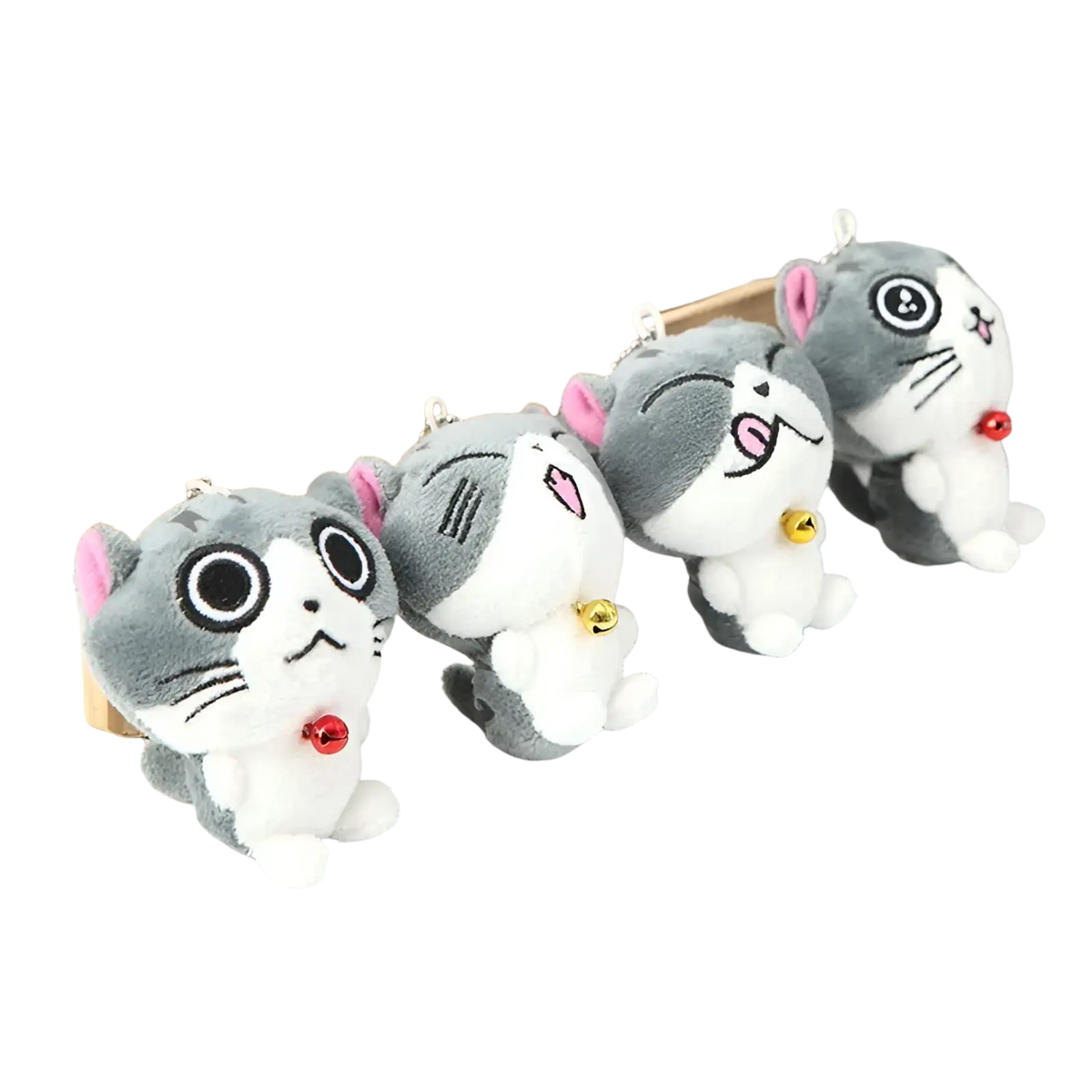 Plush cat keychain featuring cute gray and white kitten design with pink ears black eyes embroidered whiskers and tiny bells