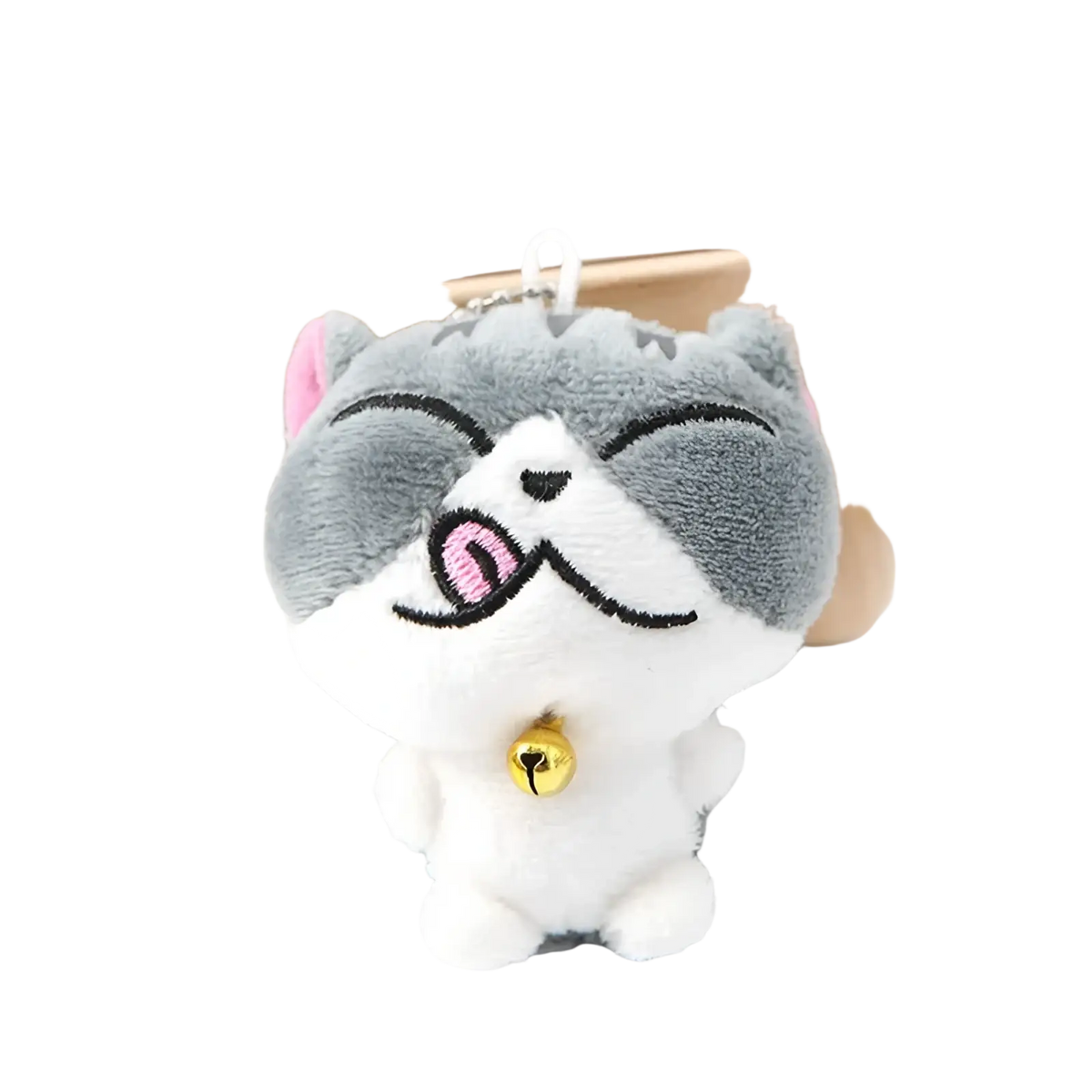 Plush cat keychain cute gray kitten bag charm toy made of soft material with pink ears and a small gold bell