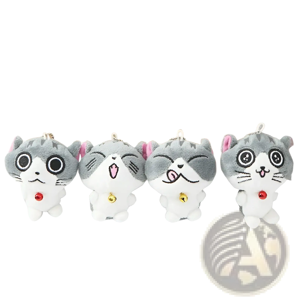 Plush cat keychain with gray and white soft fabric kitten design embroidered face and small bell bag charm toy