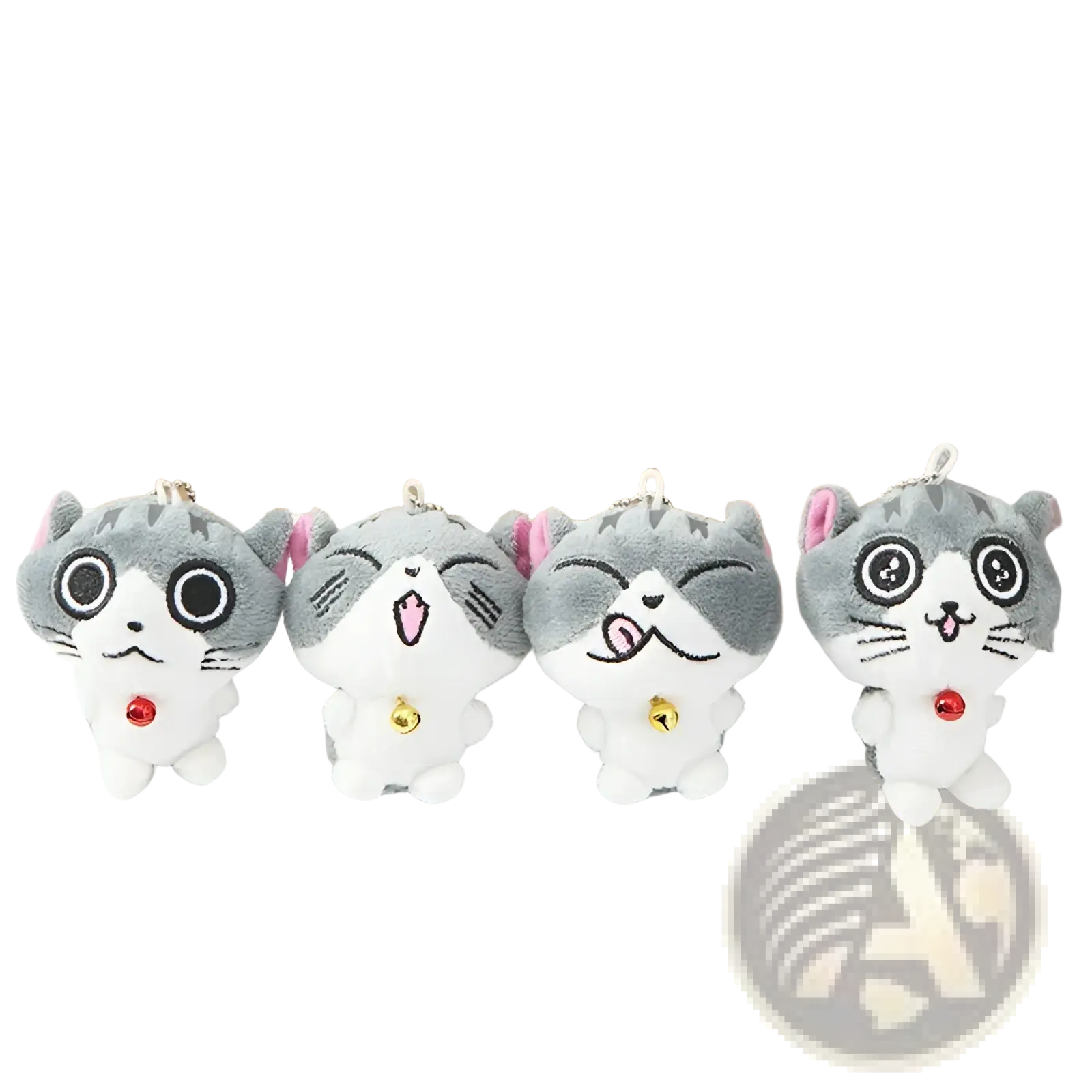 Plush cat keychain with gray and white soft fabric kitten design embroidered face and small bell bag charm toy