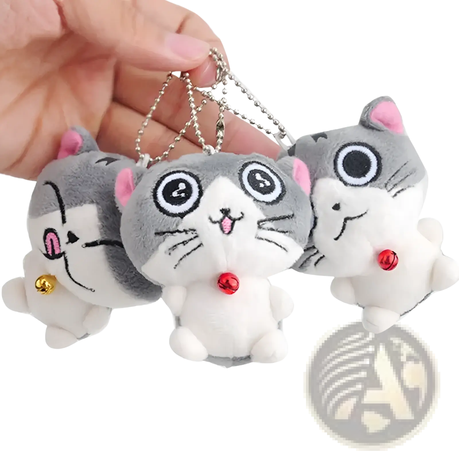 Plush cat keychain featuring cute gray and white kitten design with pink ears black eyes and small red and gold bells