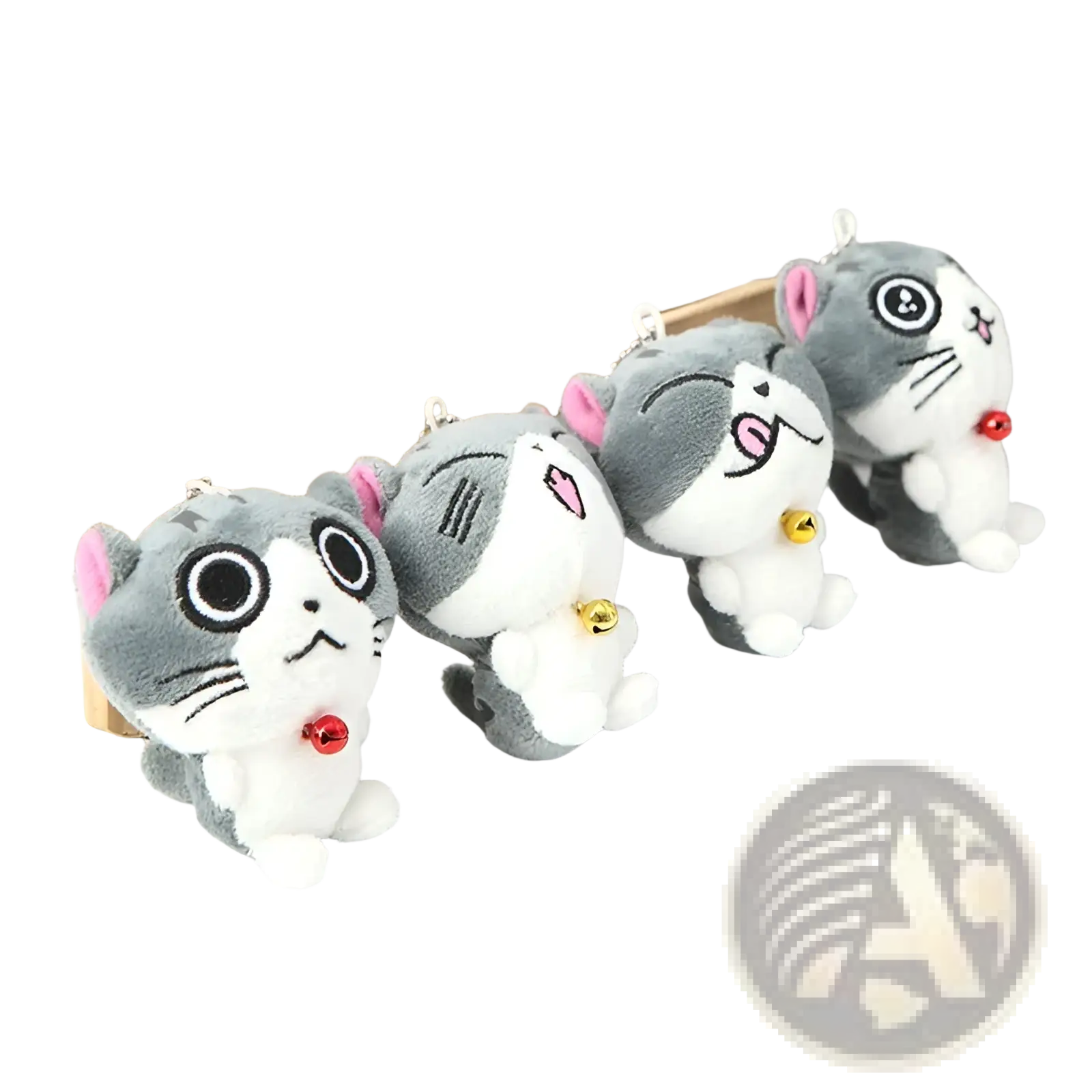 Plush cat keychain featuring cute gray and white kitten design with pink ears black eyes embroidered whiskers and tiny bells