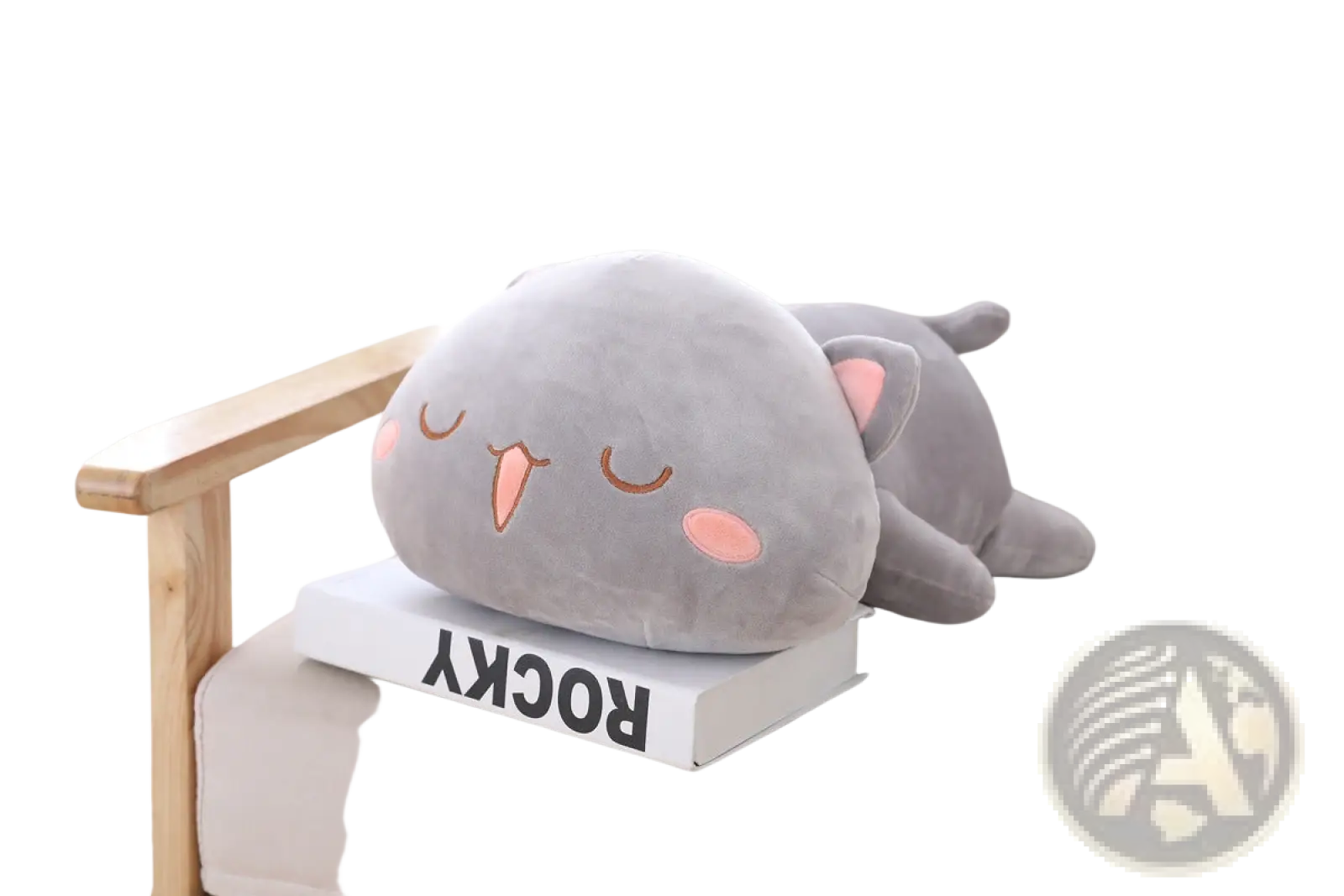 Gray plush cat pillow with pink inner ears cheeks and tongue soft kitten stuffed animal toy for cuddling and decoration