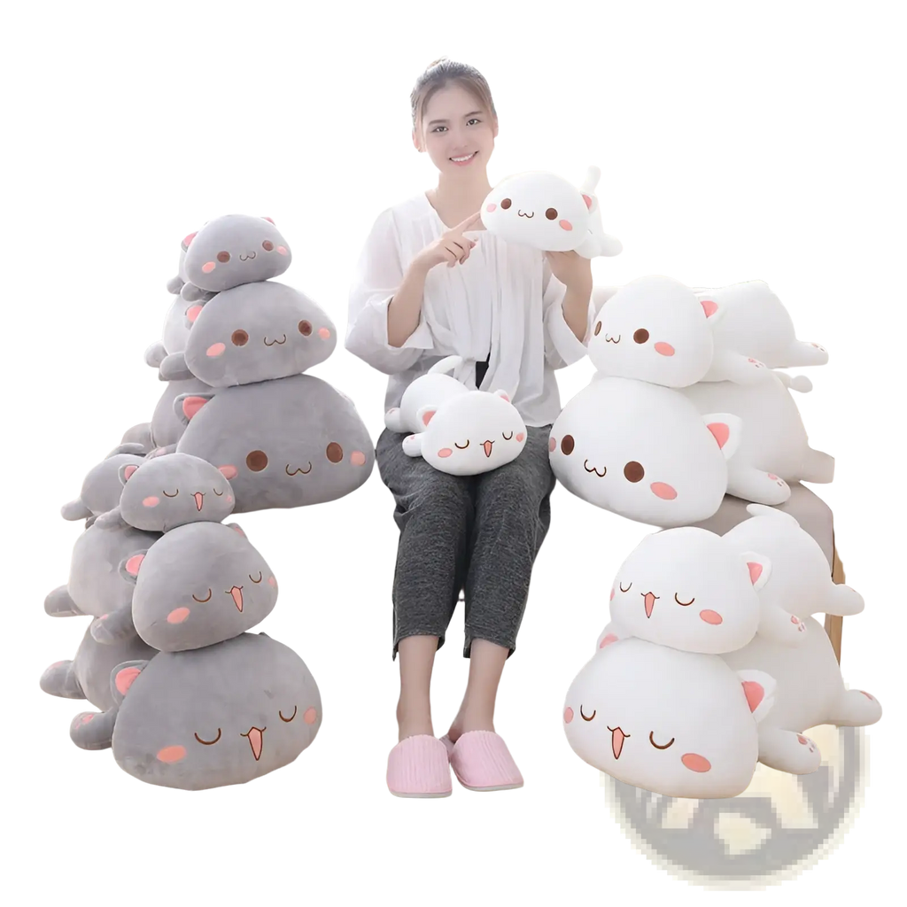 Plush cat pillow doll soft kitten stuffed animal toy with white and gray colors and pink inner ears