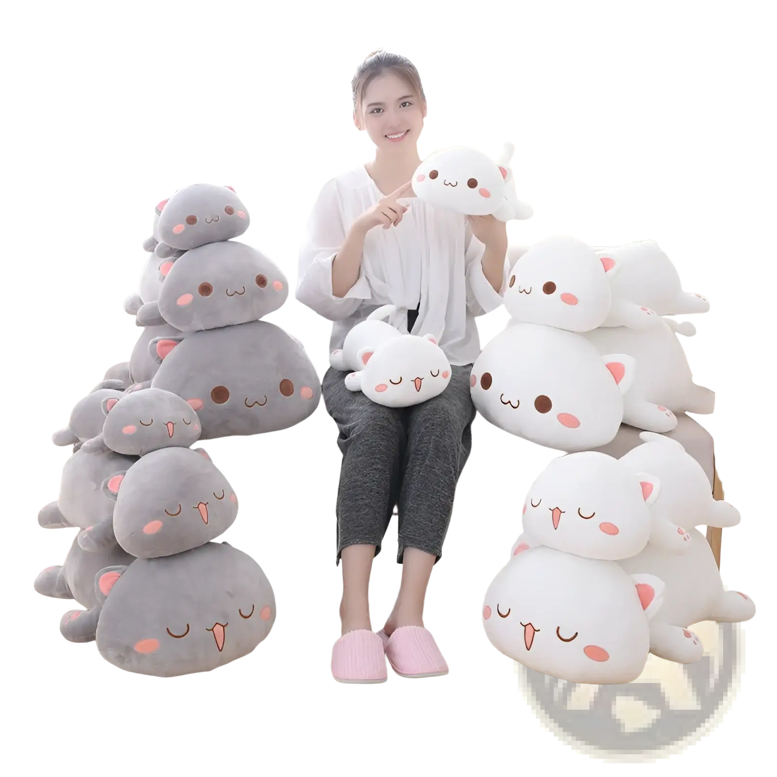 Plush cat pillow doll soft kitten stuffed animal toy with white and gray colors and pink inner ears
