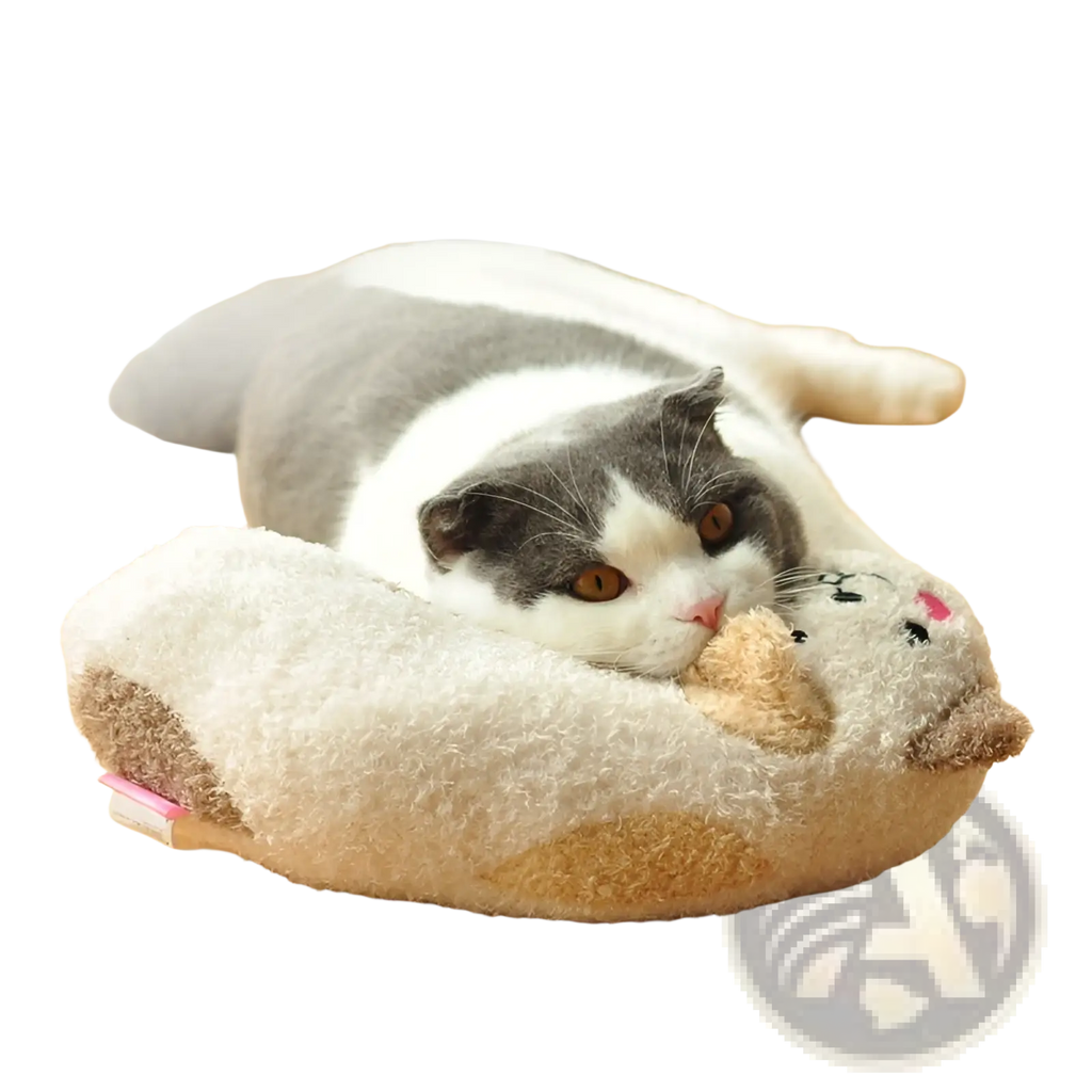 Plush cat pillow for neck support and joint relief shaped like a cream-colored paw with tan accents and embroidered face