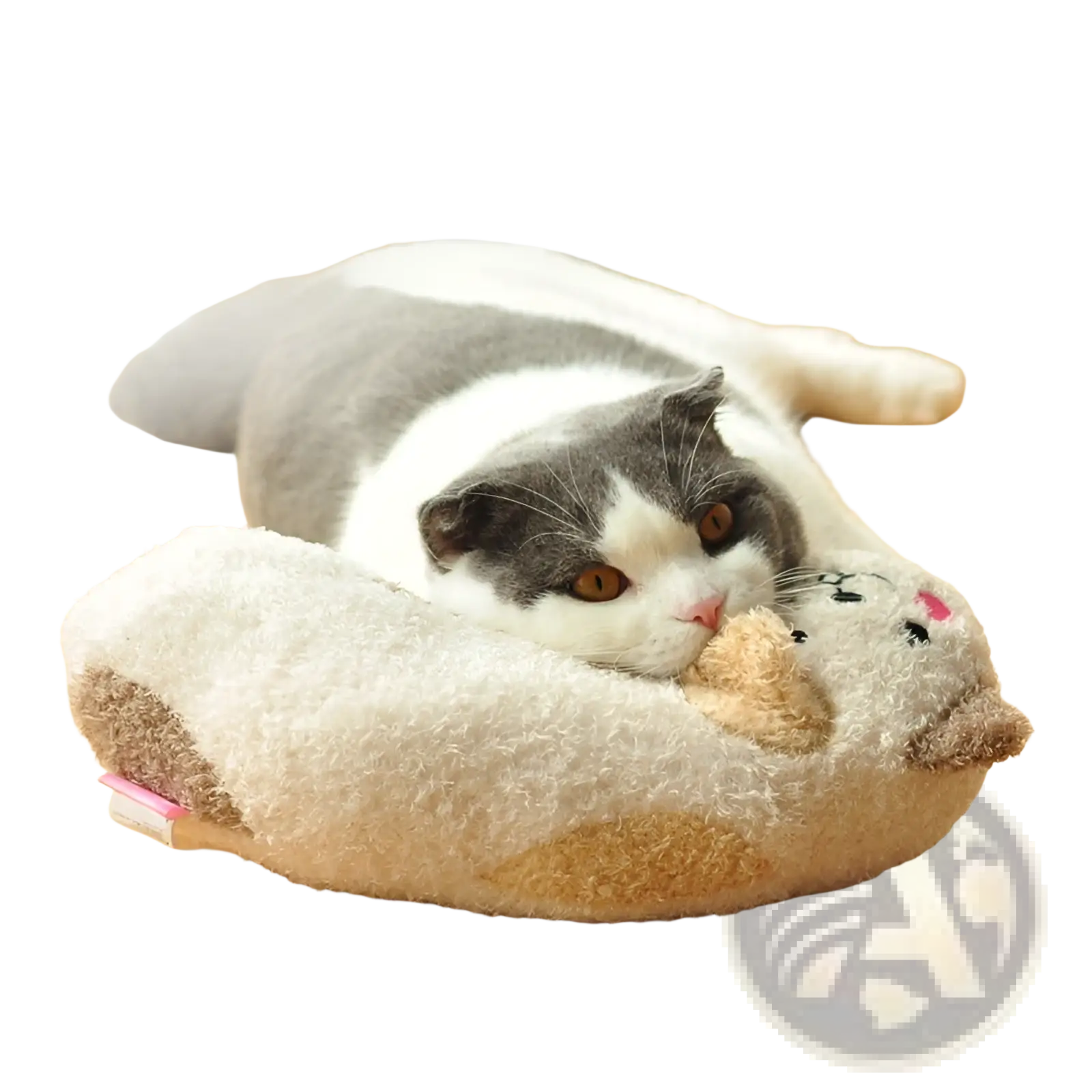 Plush cat pillow for neck support and joint relief shaped like a cream-colored paw with tan accents and embroidered face