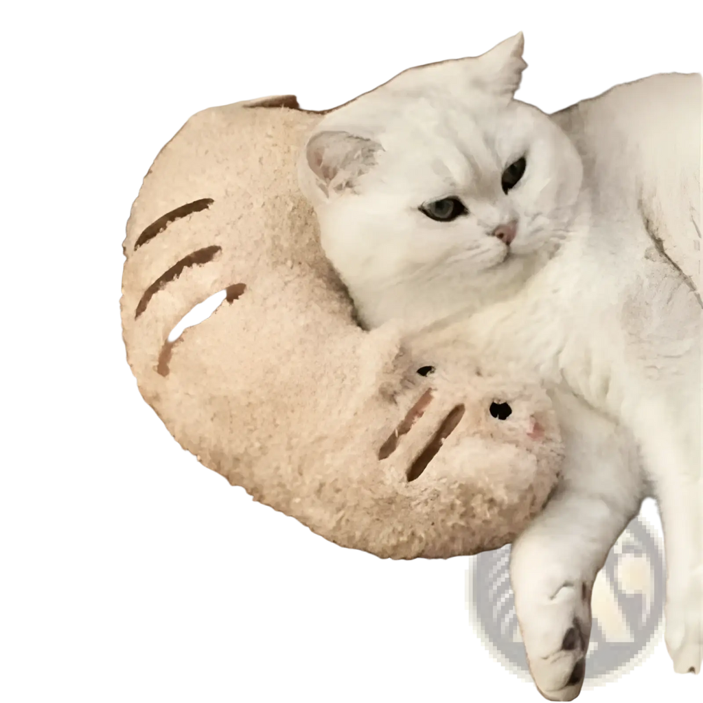 Fluffy beige cat-shaped plush pillow with brown stripes designed for neck support and joint relief