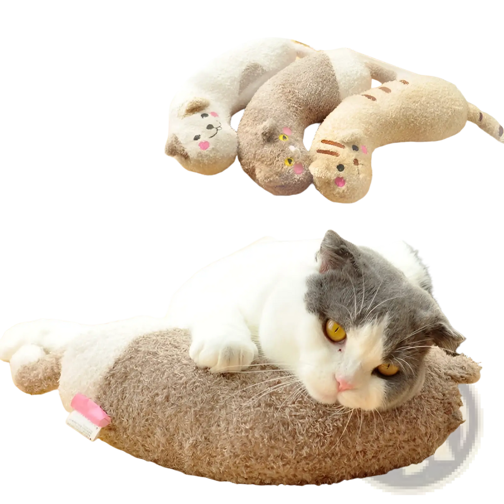 Plush cat pillow for neck support and joint relief in soft beige and gray tones with embroidered facial features