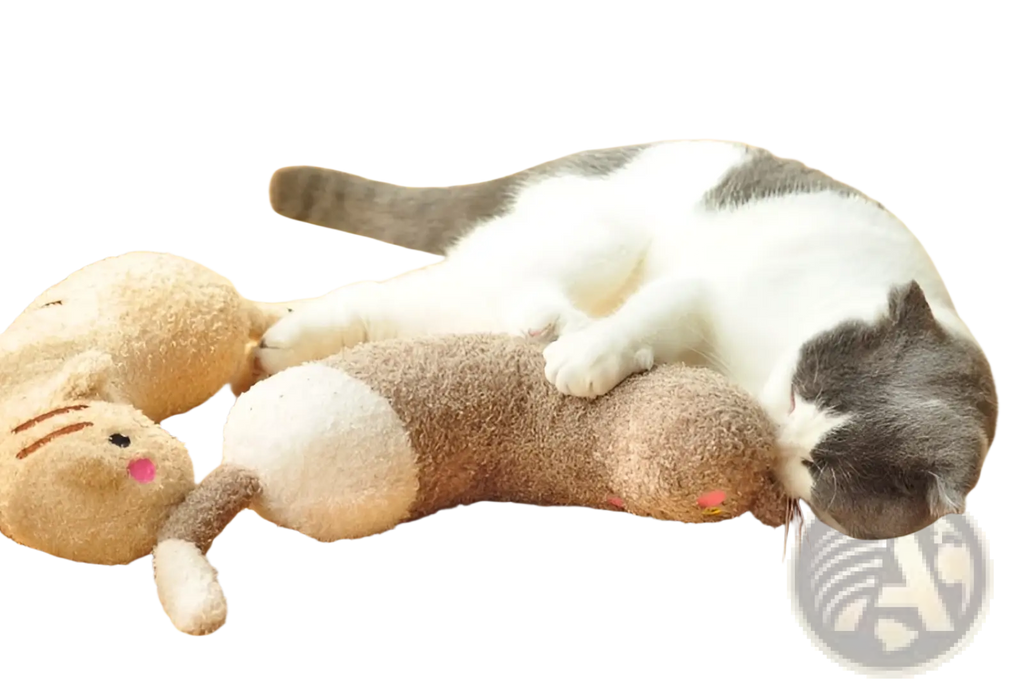 A gray and white cat lounges on a wooden floor with beige and brown plush cat pillow toys for neck support and relief