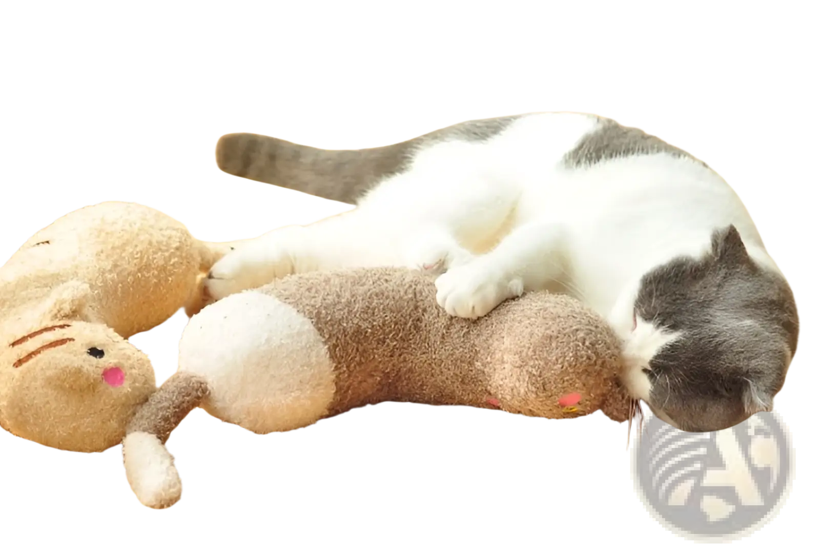 A gray and white cat lounges on a wooden floor with beige and brown plush cat pillow toys for neck support and relief