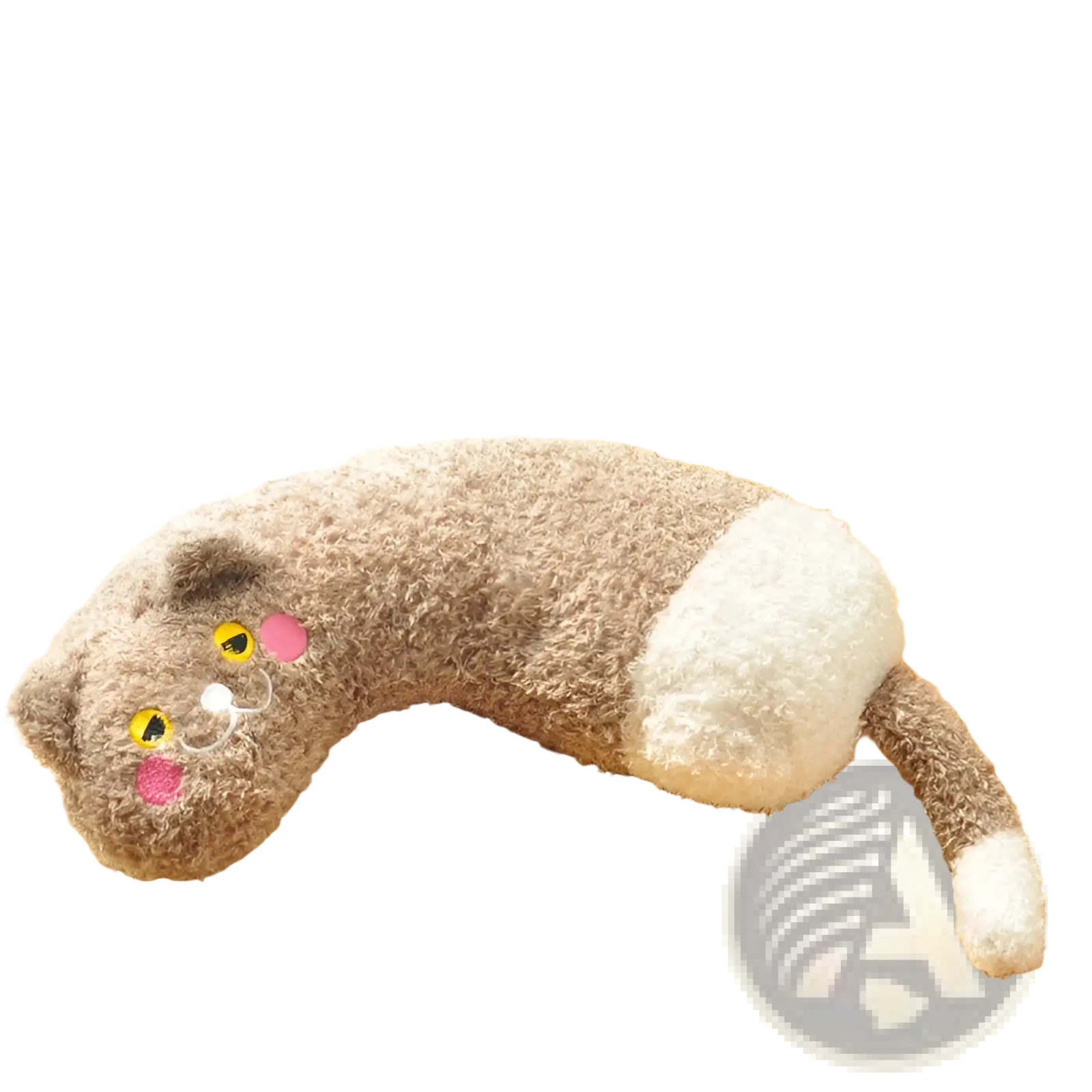 Plush cat pillow for neck support and joint relief in fuzzy brown and white fabric with embroidered yellow eyes and pink cheeks