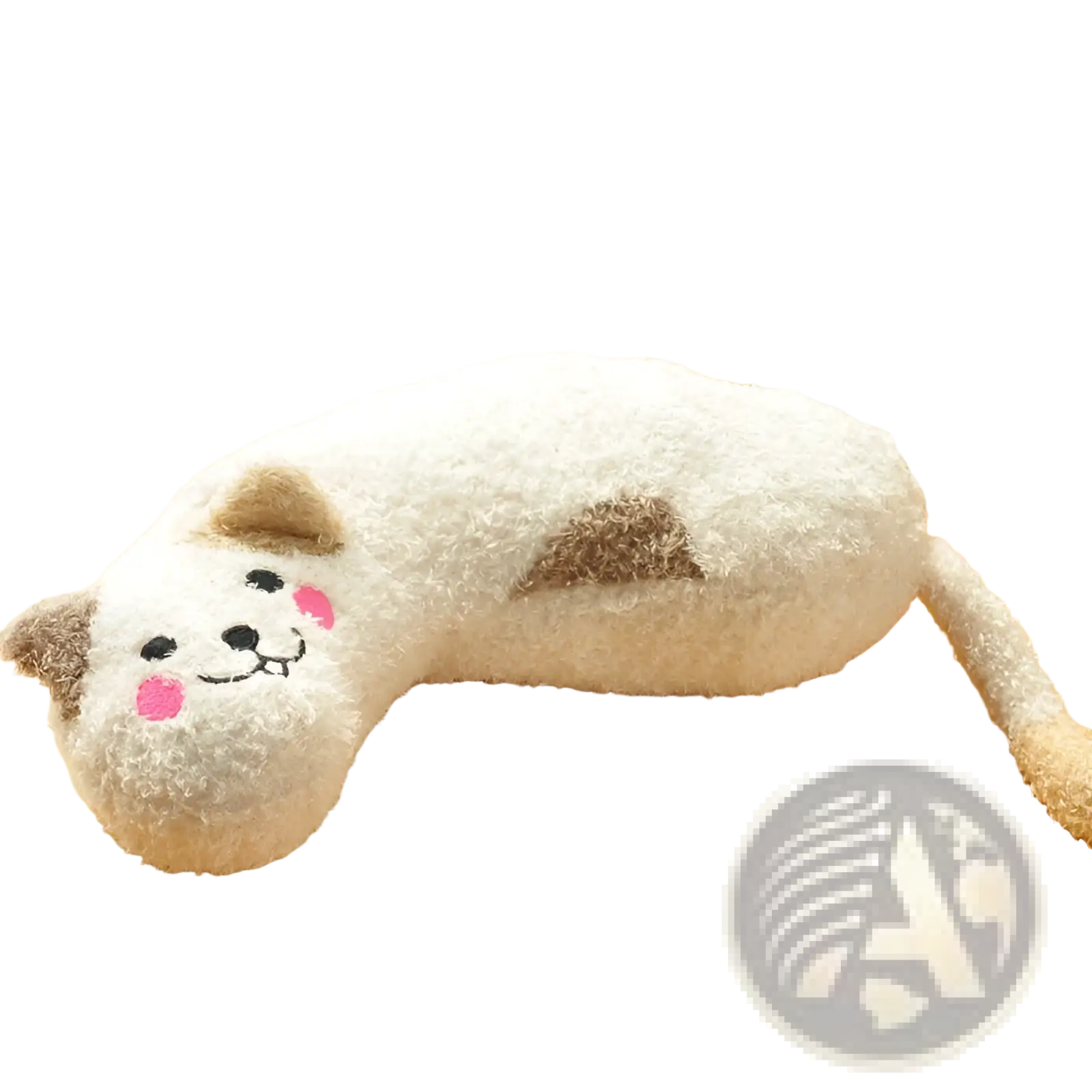 Plush cat pillow for neck support and joint relief in fluffy white and beige with embroidered pink cheeks and black eyes